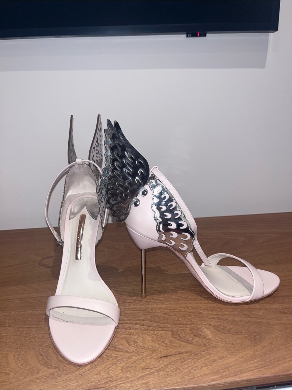 Sophia Webster Pale Pink Stiletto Sandals with Metallic Wing Detail